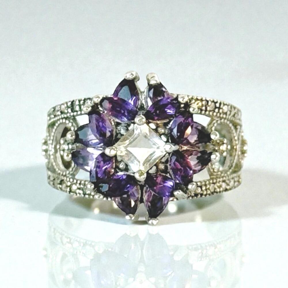 Bradford Exchange 925 Sterling Ring Simulated Amethyst Cluster Size 7